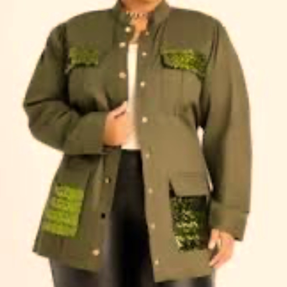 Chic Olive Green Military Style Jacket with Sequin Accents